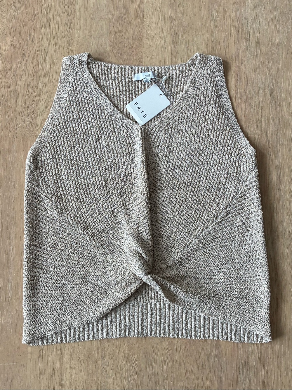 Fate Twist-Knot V-Neck Knit Tank in Taupe